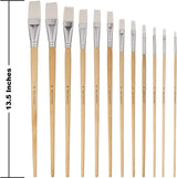12 PC White Synthetic Hair Flat Brush Set with Long Wood Handles for Watercolor and Acrylic WoodArtSupply