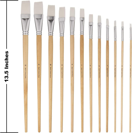 12 PC White Synthetic Hair Flat Brush Set with Long Wood Handles for Watercolor and Acrylic WoodArtSupply