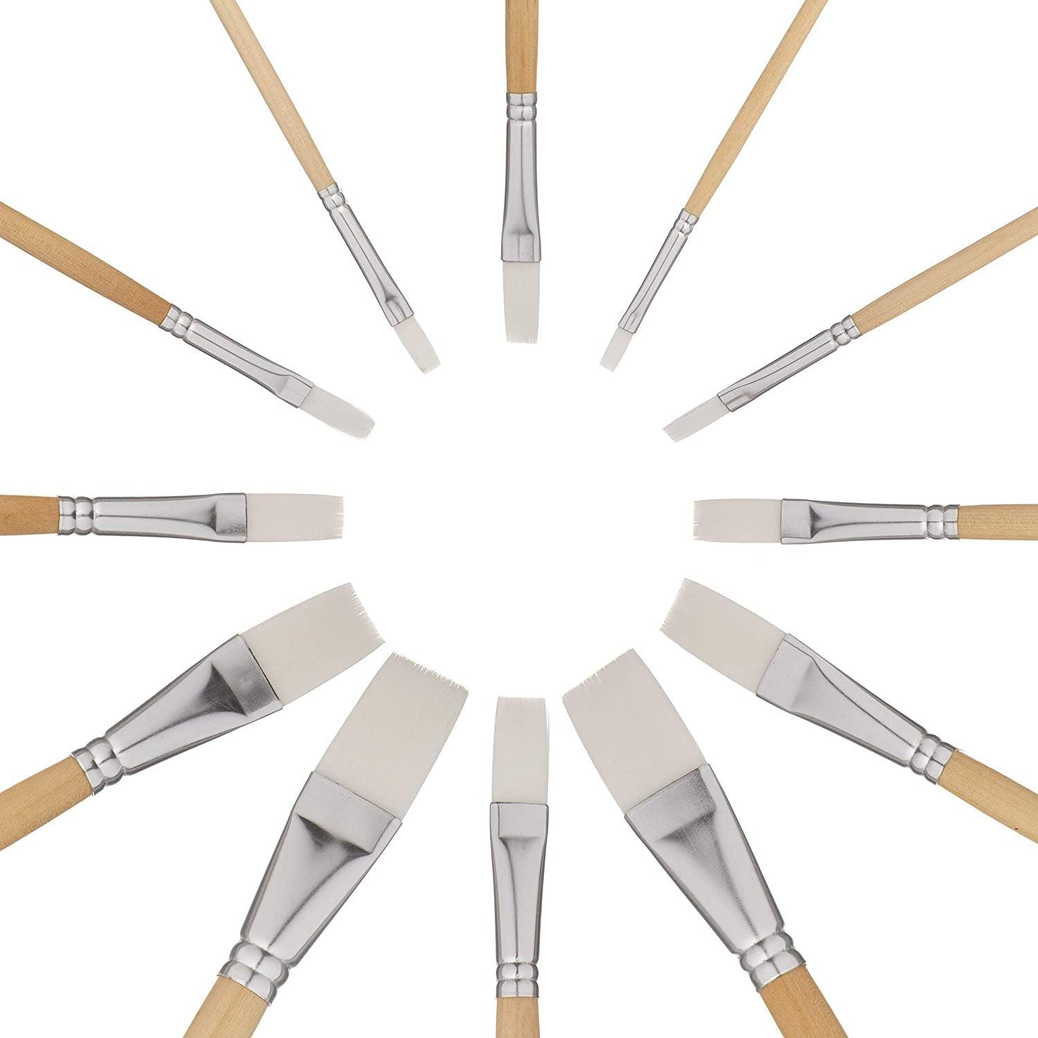 12 PC White Synthetic Hair Flat Brush Set with Long Wood Handles for Watercolor and Acrylic - WoodArtSupply