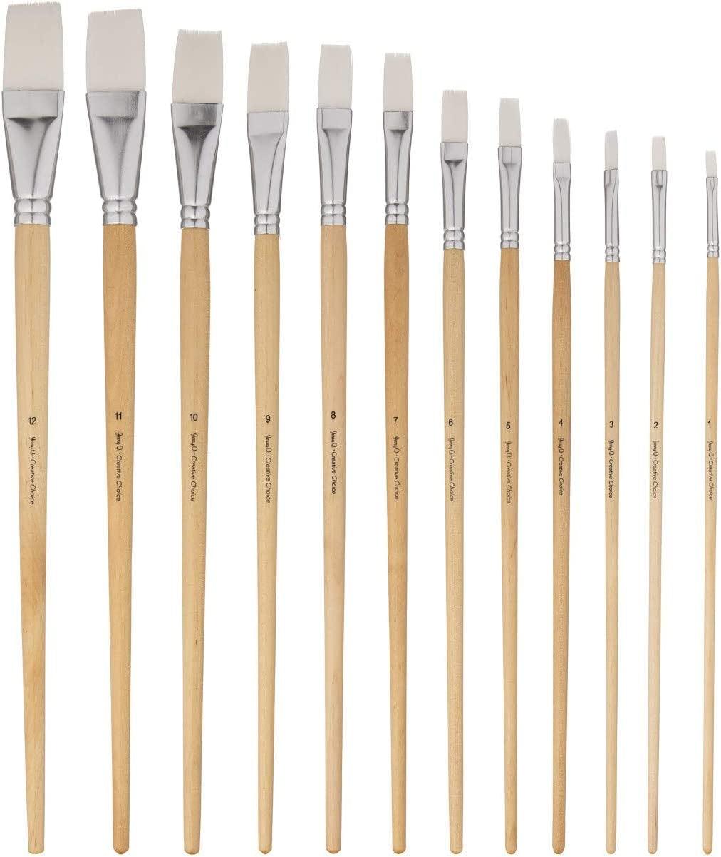 12 PC White Synthetic Hair Flat Brush Set with Long Wood Handles for Watercolor and Acrylic WoodArtSupply