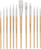 12 PC White Synthetic Hair round and Flat Paint Brush Set with Short Wood Handle for Acrylic, Watercolor WoodArtSupply