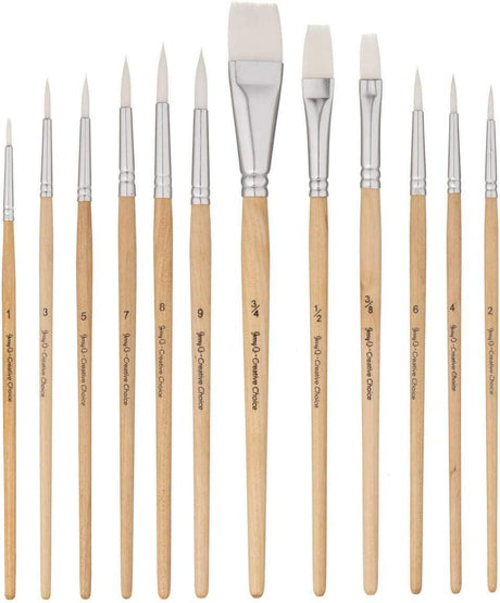 12 PC White Synthetic Hair round and Flat Paint Brush Set with Short Wood Handle for Acrylic, Watercolor WoodArtSupply
