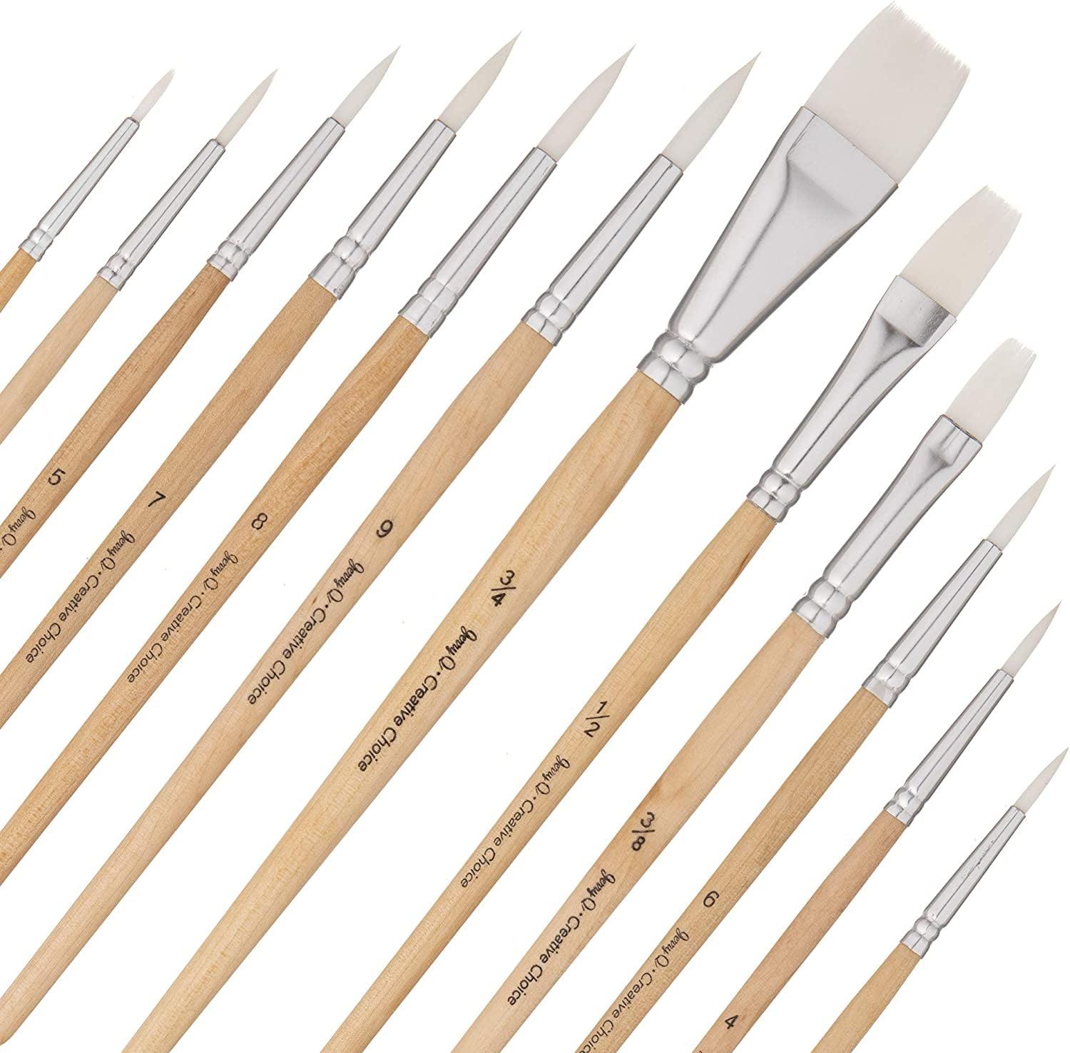 12 PC White Synthetic Hair round and Flat Paint Brush Set with Short Wood Handle for Acrylic, Watercolor - WoodArtSupply