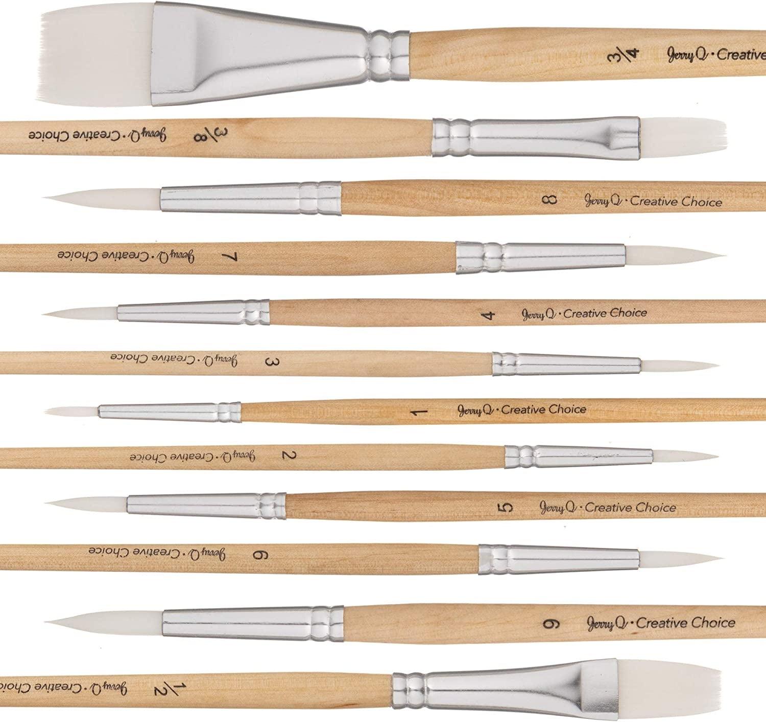 12 PC White Synthetic Hair round and Flat Paint Brush Set with Short Wood Handle for Acrylic, Watercolor WoodArtSupply