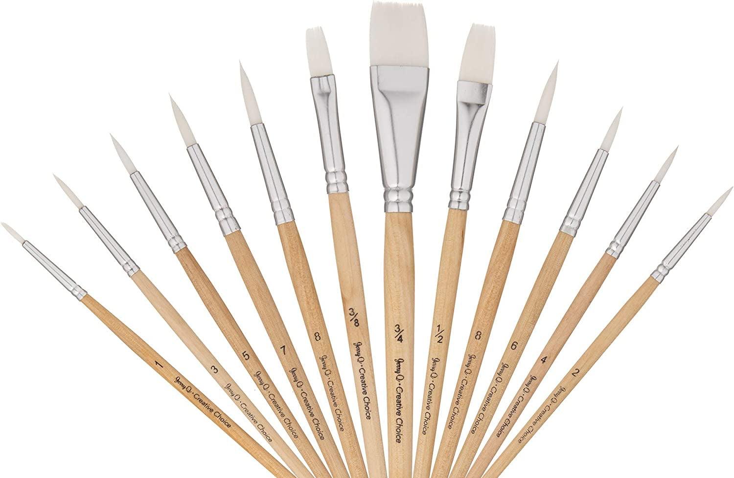 12 PC White Synthetic Hair round and Flat Paint Brush Set with Short Wood Handle for Acrylic, Watercolor - WoodArtSupply