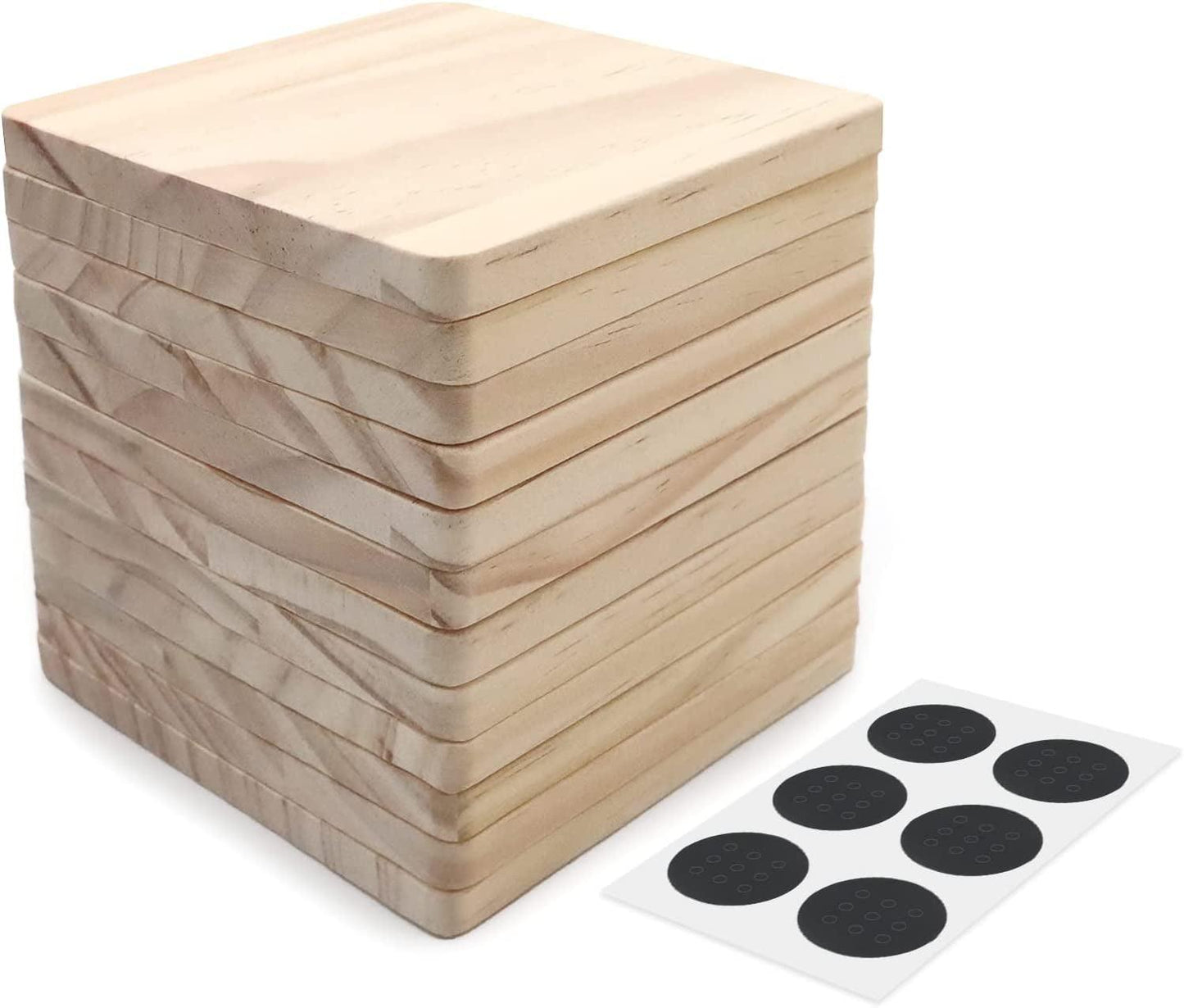 4 Inch Unfinished Square Wood Coasters Square Blank Wood for DIY Crafts  Coasters with Non Slip Foam Dot (24 Pieces)