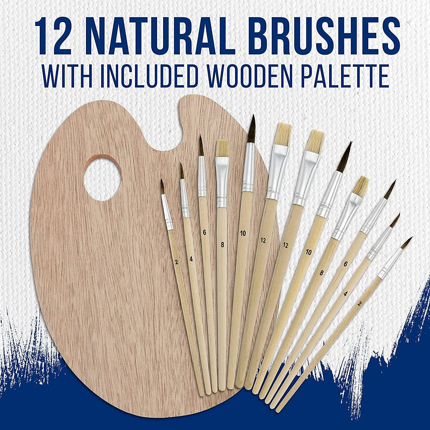12-Piece Artist Paint Brush Set with 9" X 12" Wood Painting Palette round & Flat Bristle Paintbrushes - WoodArtSupply