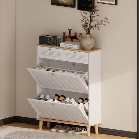 Modern Freestanding Shoe Cabinet With Flip Up Doors And Drawers, Compact Design For Entryway - White Natural HouseOfZazla