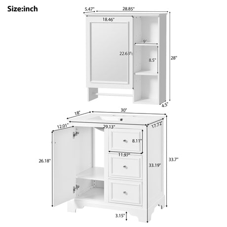 Bathroom Vanity With Sink, Modern Elegant Bathroom Storage Cabinet With 3 Drawers And Adjustable Shelves, Freestanding Vanity Set With Mirror Cabinet, Single Sink Bathroom Vanity HouseOfZazla