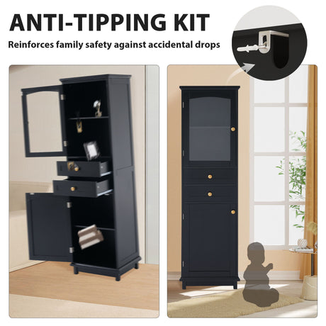 Tall Bathroom Storage Cabinet With Glass Doors, Free-Standing, Two Drawers, And Adjustable Shelves, Board, Painted Perfect For Displaying Your Favorite Items HouseOfZazla