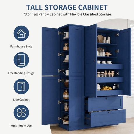 TOPMAX 73.6" Tall Farmhouse Kitchen Pantry Cabinet with 8 Shelves HouseOfZazla