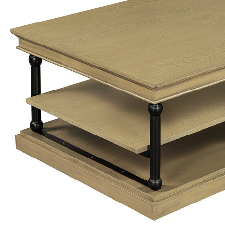 55.1' Wood Coffee Table with Black Legs and Open Storage Shelves HouseOfZazla