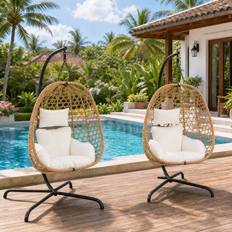 Set of 2 Egg Chairs with Stand - Patio Wicker Hanging Hammock Swing HouseOfZazla