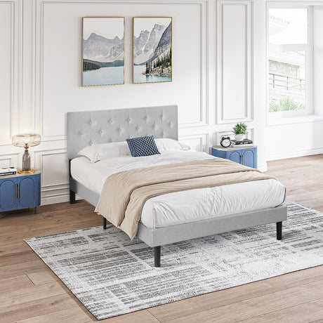 Modern Upholstered Platform Bed Frame With Button Tufted Fabric Headboard HouseOfZazla