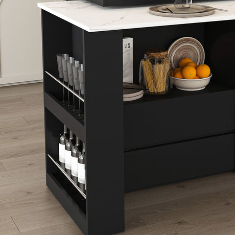 Kitchen Island With Extendable Rotating Table, 4 Drawers & Glass Door Cabinets, Built In Socket - Black HouseOfZazla