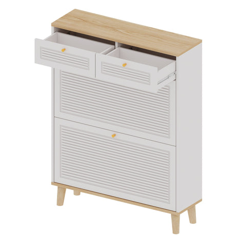 Modern Freestanding Shoe Cabinet With Flip Up Doors And Drawers, Compact Design For Entryway - White Natural HouseOfZazla