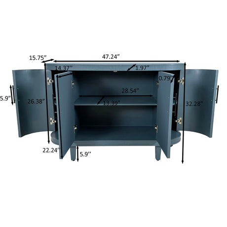 Curved Sideboard Wooden Console Table With 4 Doors And Adjustable Shelves For Living Room - Blue HouseOfZazla