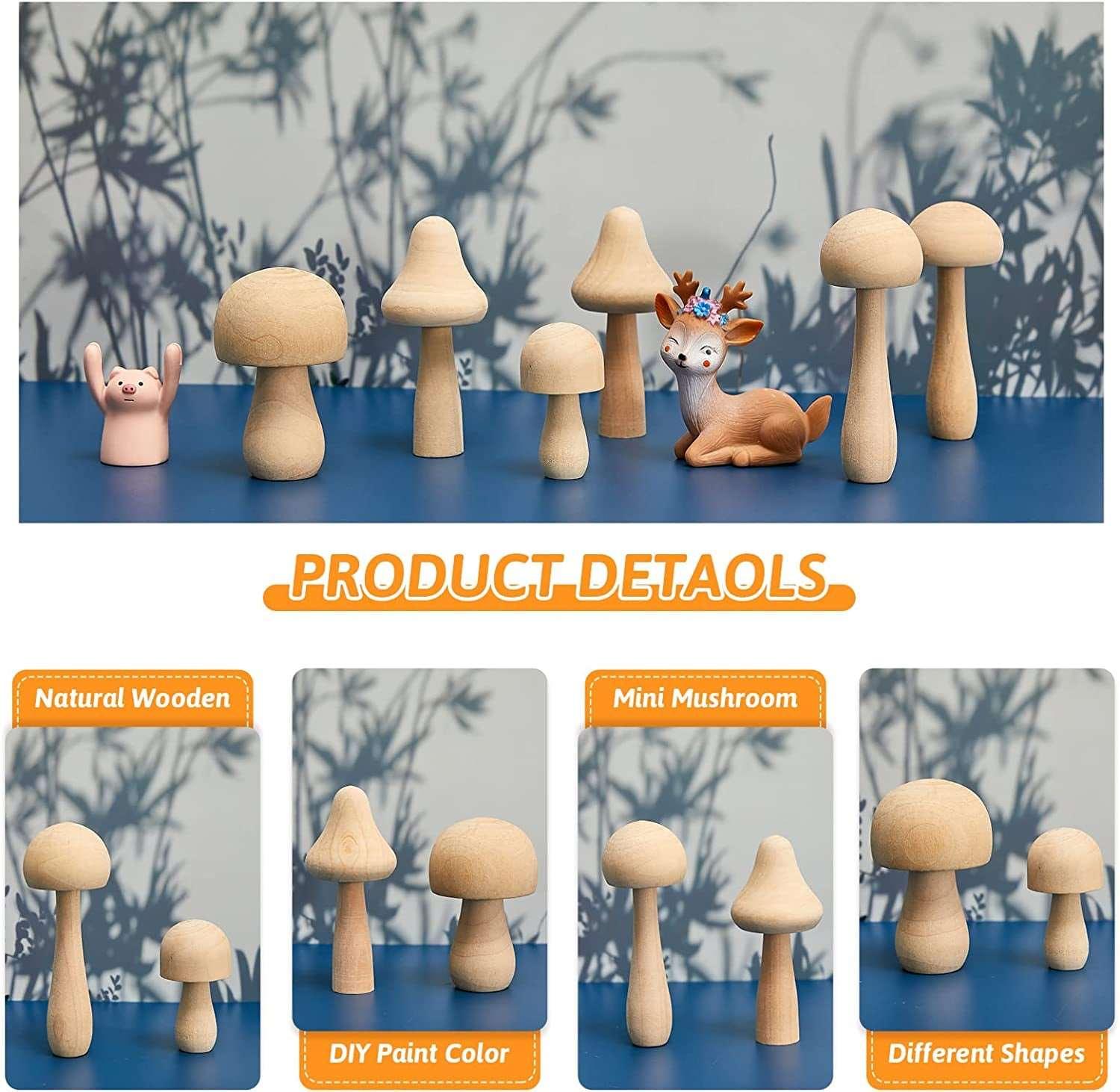 Unfinished Wooden Mushrooms Natural Mini Wooden Mushrooms Various Sizes Wooden Mushroom Figures Crafts, DIY Project Decorations Paint Colors Home Desk