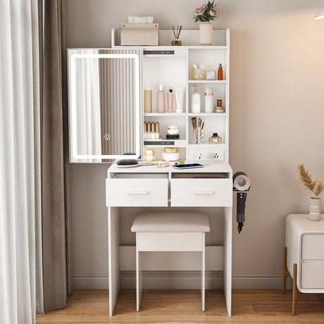 Space Saving Makeup Vanity Desk With Mirror & Adjustable LED Lights HouseOfZazla