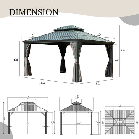 10' x 12' Hardtop Gazebo Outdoor Metal Gazebo with Galvanized Steel Double Roof Canopy, Aluminum Frame, Curtains and HouseOfZazla
