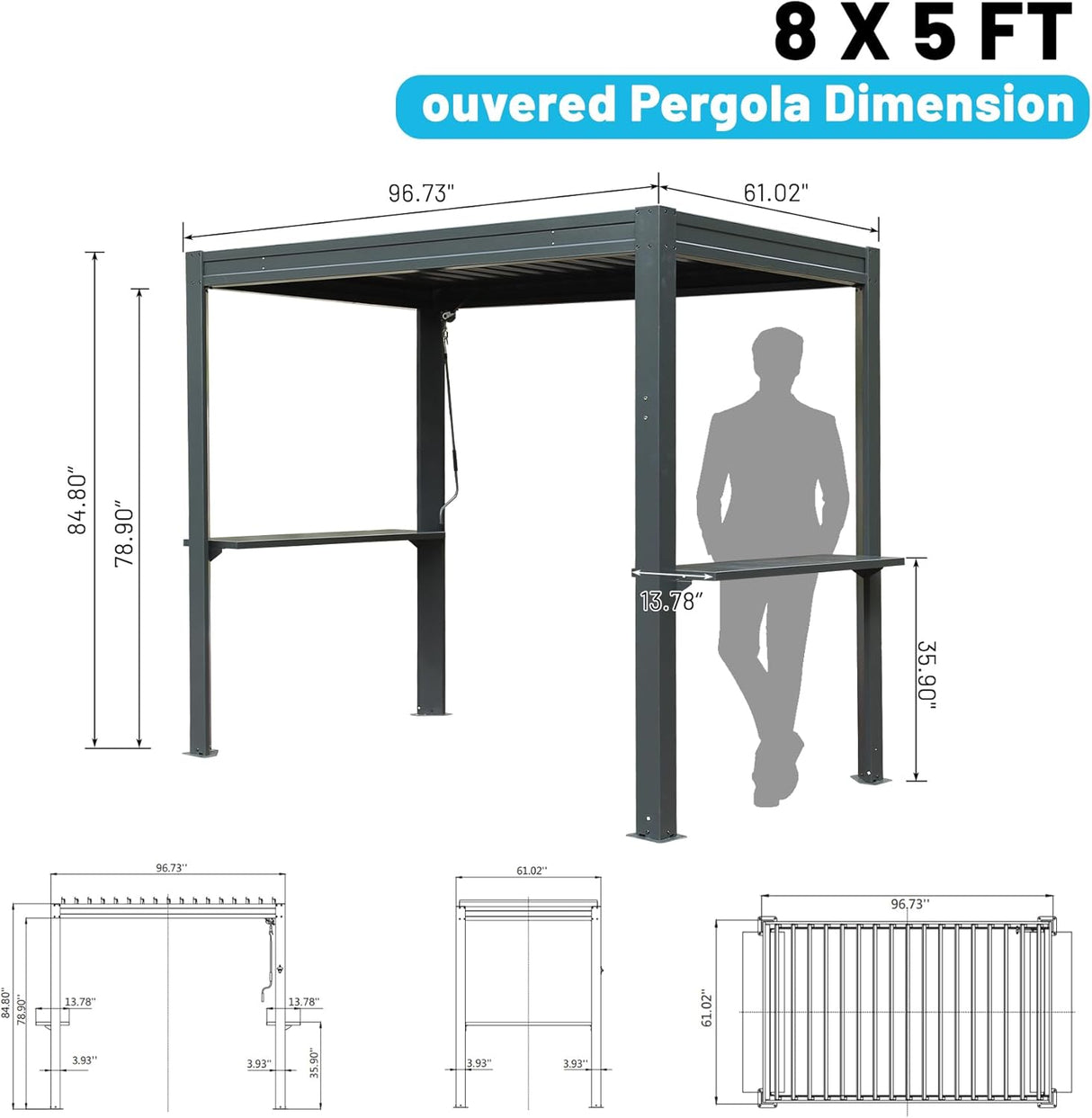 8x5 Ft Grill Louvered Pergola for Outdoor Grill