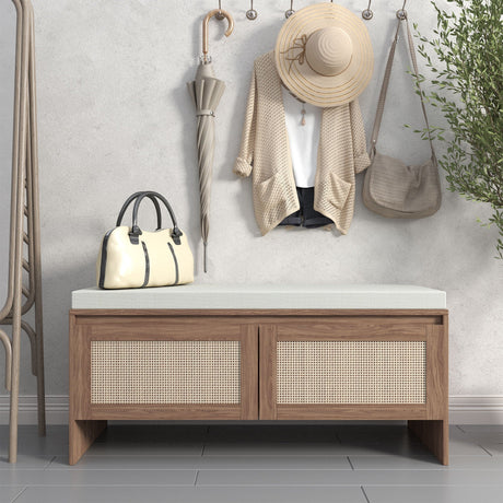 Storage Bench With Cushion, Shoe Cabinet With 2 Doors - Antique Natural / Rattan HouseOfZazla