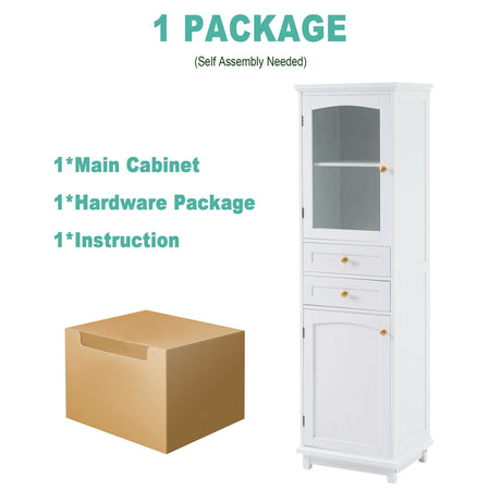 Tall Bathroom Storage Cabinet With Glass Doors, Free-Standing, Two Drawers, And Adjustable Shelves, Board, Painted Perfect For Displaying Your Favorite Items HouseOfZazla