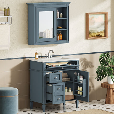 Bathroom Vanity With Medicine Cabinet, Royal Mirror Cabinet, Modern Bathroom Storage Cabinet With 2 Soft Closing Doors And 4 Drawers HouseOfZazla