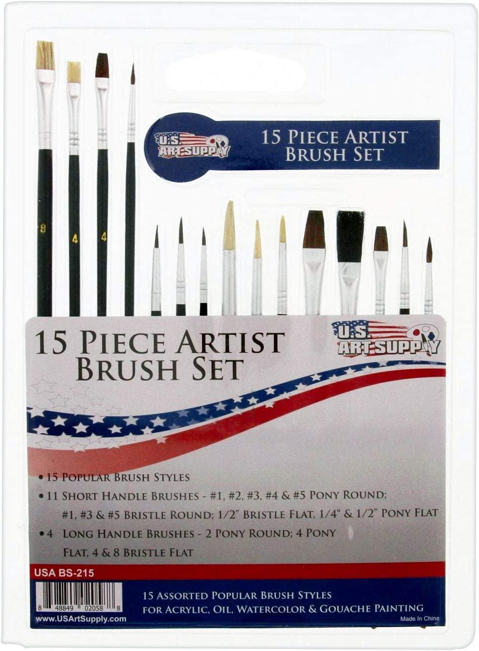 15pc Multi-Purpose Artist Paint Brush Set Pony round and Flat Bristles Canvas, Paper, Wood Watercolor, Acrylic, Oil - WoodArtSupply