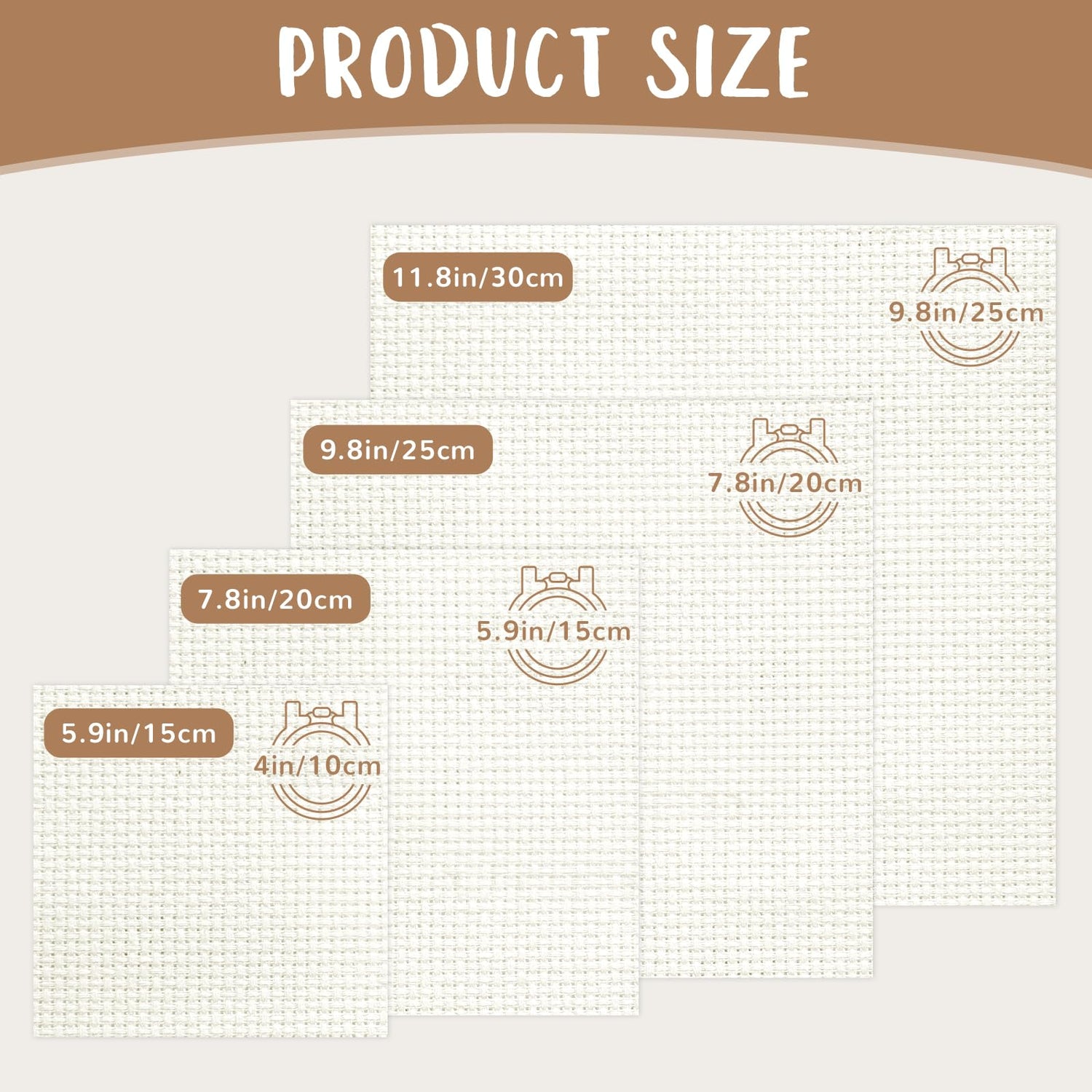 16 PCS Aida Cloth 14 Count Cross Stitch Fabric, 4 Different Sizes 5.9 to 11.8inch, Pre-Cut Squares Fabric for Craft Embroidery, Handmade Needlework, DIY Handicrafts (Beige) Nitelemn