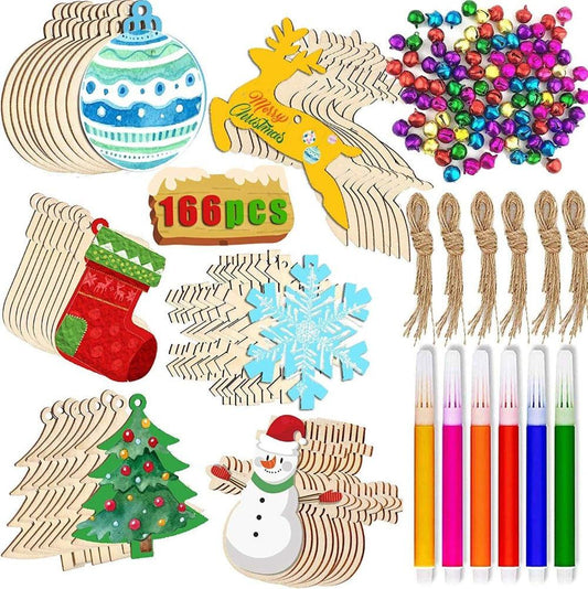 166Pcs Wooden Christmas Ornaments Unfinished to Paint for Tree Decorations Holiday Hanging Decorations with Bells, Rope and Colorful Makers - WoodArtSupply