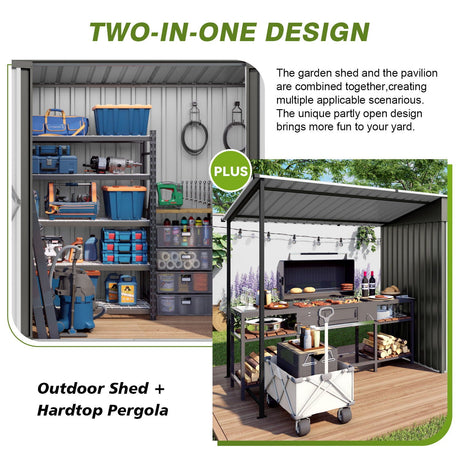 Lean To Shed With Open Sided Pergola, Outdoor Storage Shed & Attached Hardtop Gazebo Combo - Gray HouseOfZazla