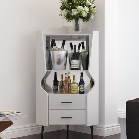 Corner Bar Cabinet With Mirrored Back, 2 Open Shelves & 2 Drawers HouseOfZazla