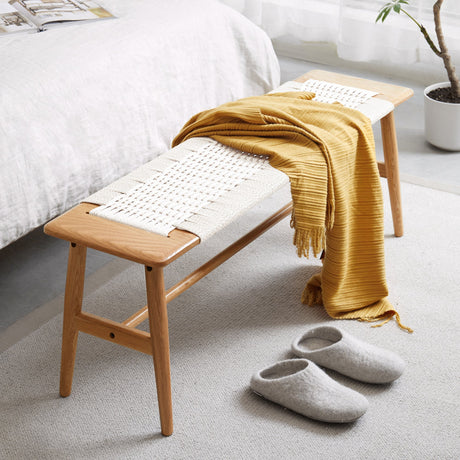 Design Natural Oak Wood Dining Bench with Handwoven Cane Seat in White HouseOfZazla
