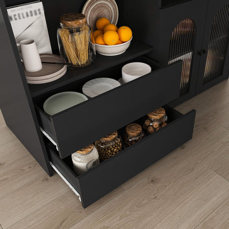 Kitchen Island With Extendable Rotating Table, 4 Drawers & Glass Door Cabinets, Built In Socket - Black HouseOfZazla