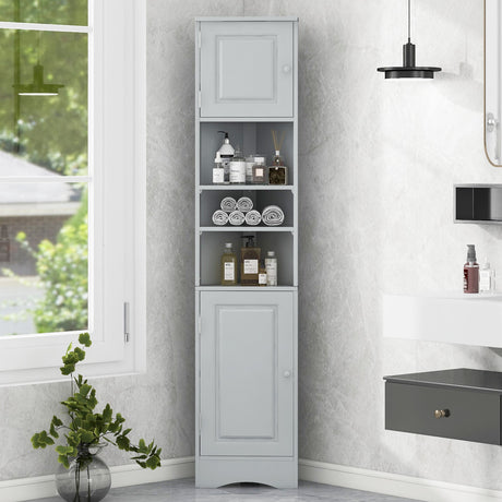 Multi-Functional Corner Cabinet Tall Bathroom Storage Cabinet with Two Doors and Adjustable Shelves, Open Shelf HouseOfZazla