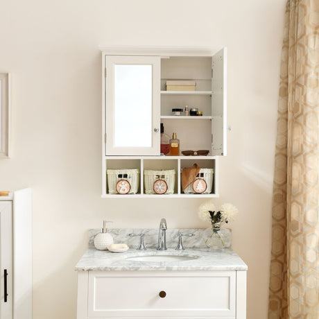 Bathroom Storage Cabinet, Medicine Cabinets For Bathroom With Mirror, 2 Doors 2 Adjustable Shelf & 3 Christmas Style Storage Basket - White HouseOfZazla