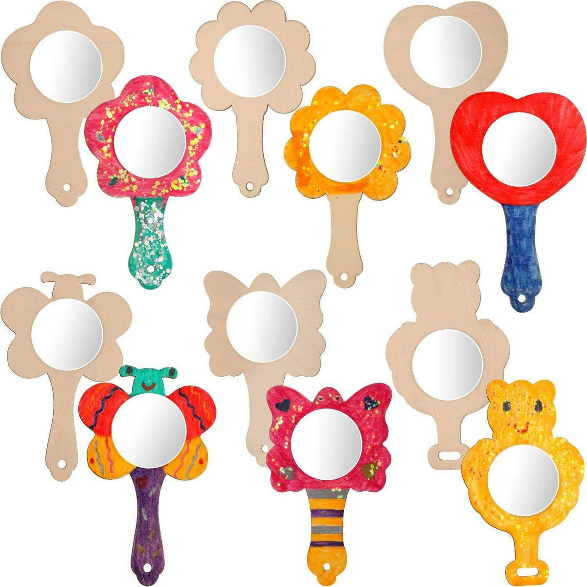 18 Pieces DIY Wood Mirror Craft Unfinished Handheld Mirror Mini Wooden ...