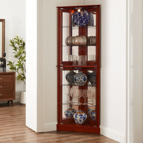 Corner Curio Dispaly Cabinet With Lights, Adjustable Tempered Glass Shelves, Mirrored Back (E26 Light Bulb Not Included) HouseOfZazla