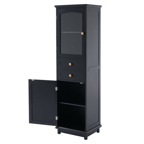 Tall Bathroom Storage Cabinet With Glass Doors, Free-Standing, Two Drawers, And Adjustable Shelves, Board, Painted Perfect For Displaying Your Favorite Items HouseOfZazla