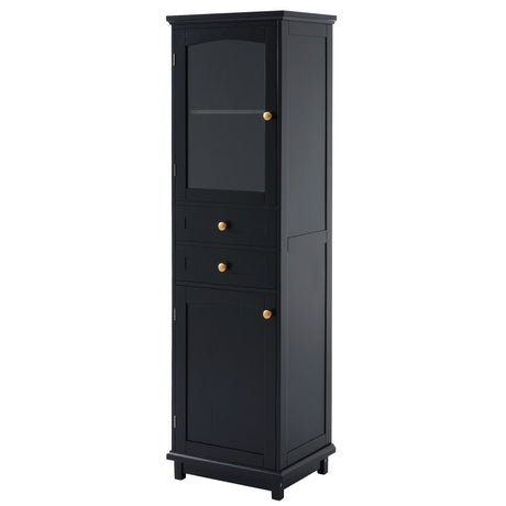 Tall Bathroom Storage Cabinet With Glass Doors, Free-Standing, Two Drawers, And Adjustable Shelves, Board, Painted Perfect For Displaying Your Favorite Items HouseOfZazla