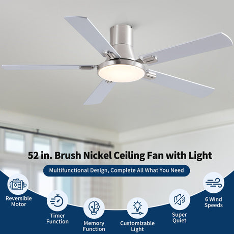 Flush Mount Ceiling Fans With LED Light And Remote Control, 5 Blades HouseOfZazla