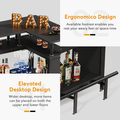 L Shaped Home Mini Bar Table With 2 Tier Shelves & Glass Racks - Black HouseOfZazla