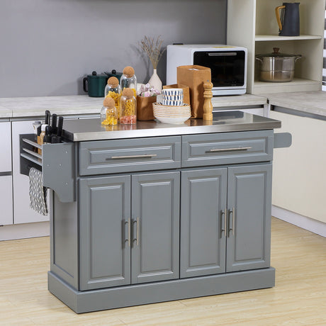 Homcom - Rolling Kitchen Island With Storage, Portable Kitchen Cart With Stainless Steel Top, 2 Drawers, Spice, Knife And Towel Rack And Cabinets HouseOfZazla