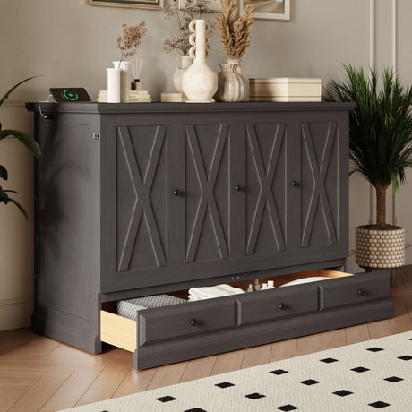 Solid Pine Murphy Bed Chest Cube Cabinet Bed With Charging Station And Large Storage Drawer For Home Office Or Small Room HouseOfZazla