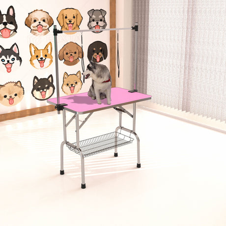 Folding Dog Pet Grooming Table Stainless Steel Frame Rubber Mat On Board With Adjustable Arm And Clamps Pet Dog Cat Grooming Table HouseOfZazla