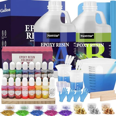 1 Gallon Crystal Clear Epoxy Resin Kit, High-Glossy& No Bubbles, Art & Casting Resin with 16 Epoxy Resin Pigment, Foil Flakes, Sequin,Craft Clear