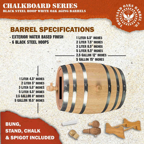 1 Gallon Whiskey Barrel Dispenser (5 Liter) with Chalkboard Front - Oak Barrel for Aging Whiskey, Wine, Tequila - Mini Bourbon Barrel Home Bar Decor THOUSAND OAKS BARREL