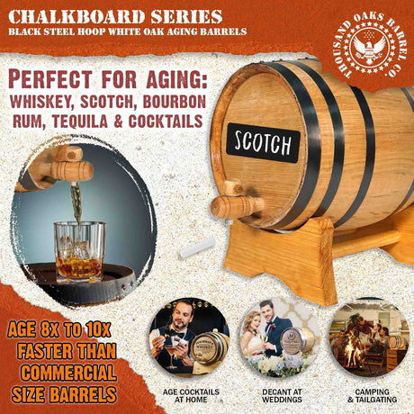 1 Gallon Whiskey Barrel Dispenser (5 Liter) with Chalkboard Front - Oak Barrel for Aging Whiskey, Wine, Tequila - Mini Bourbon Barrel Home Bar Decor THOUSAND OAKS BARREL