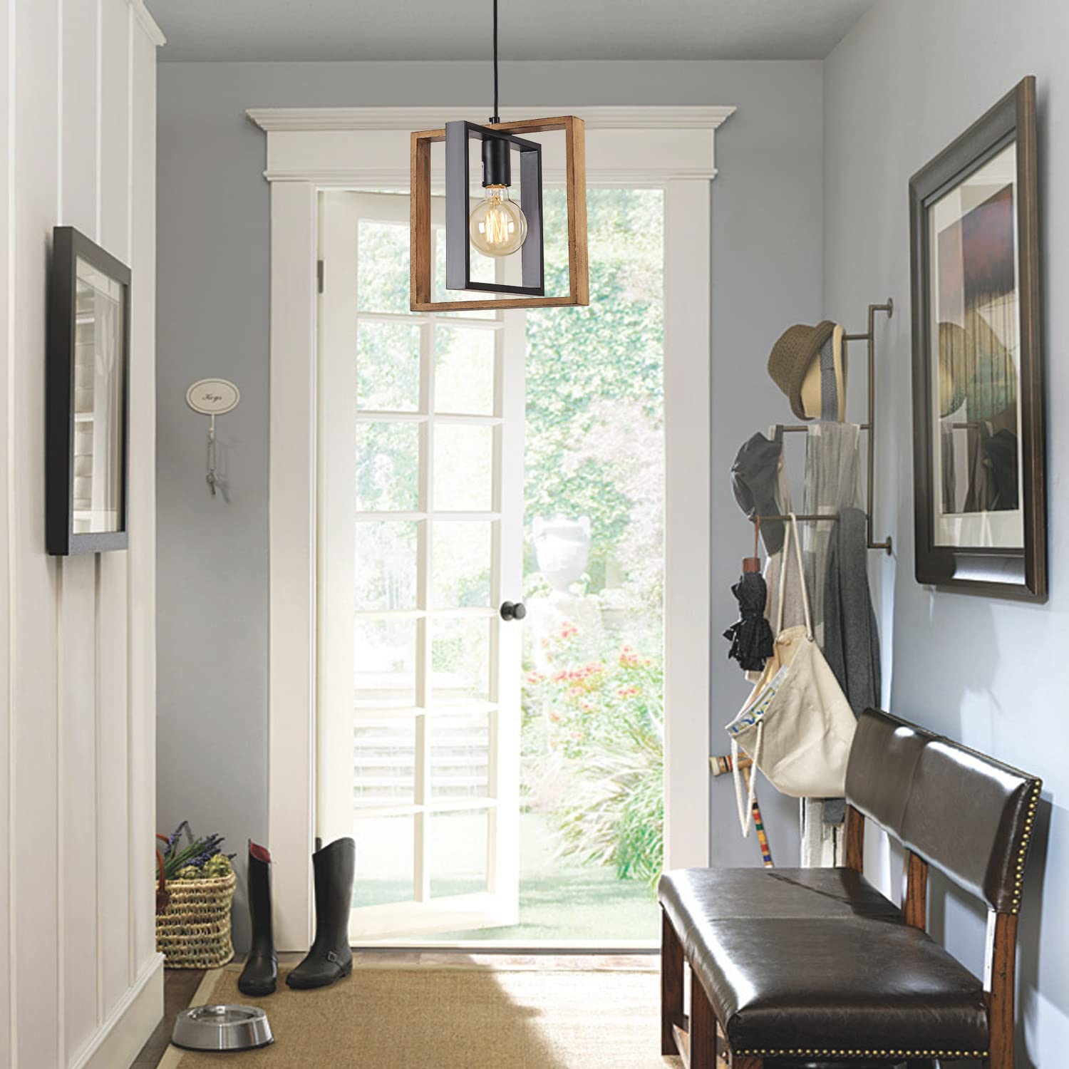 1 Light Kitchen Island Light Modern Black Dining Room Light Fixture Mini Wood Farmhouse Chandelier Hanging Pendant Light Fixtures for Foyer Hallway Poroulux